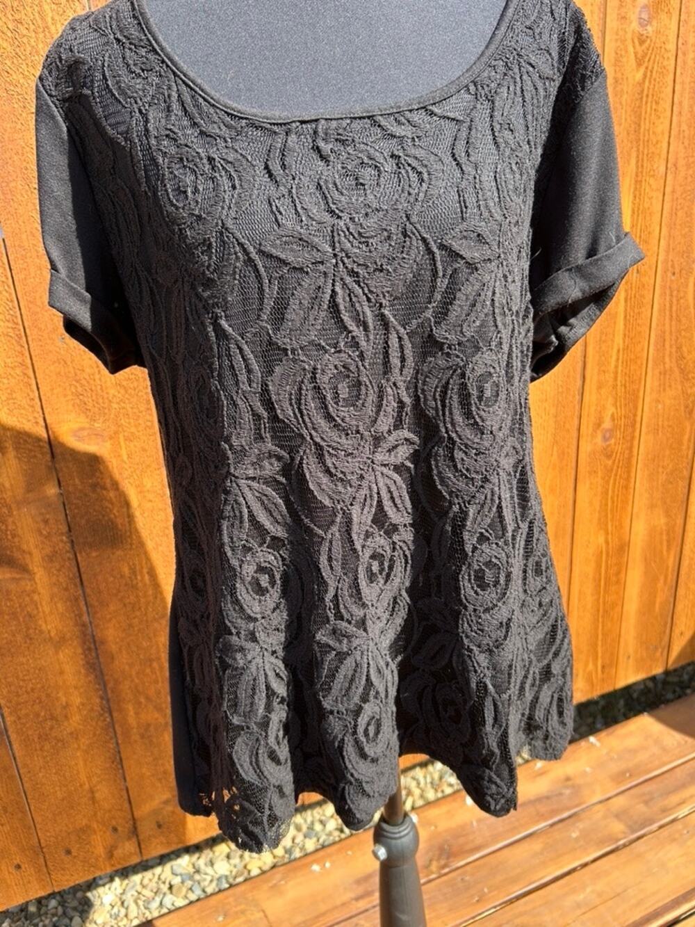 Style & Co Womens XL Black Floral Lace Overlay Short Sleeve Top Blouse Boho